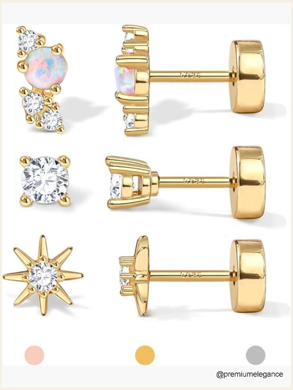 3 Pair 14K Gold Flat Back Stud Earrings Set CZ Opal Helix Tragus Cartilage